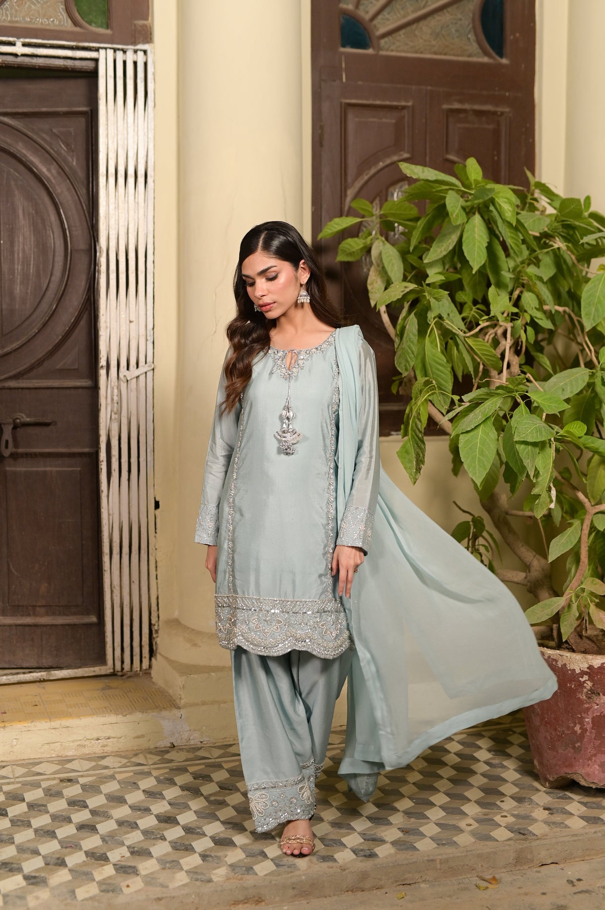 Ayra Ice Blue Sheesha Silk 4-Piece Formal Suit by Kinza Khalid