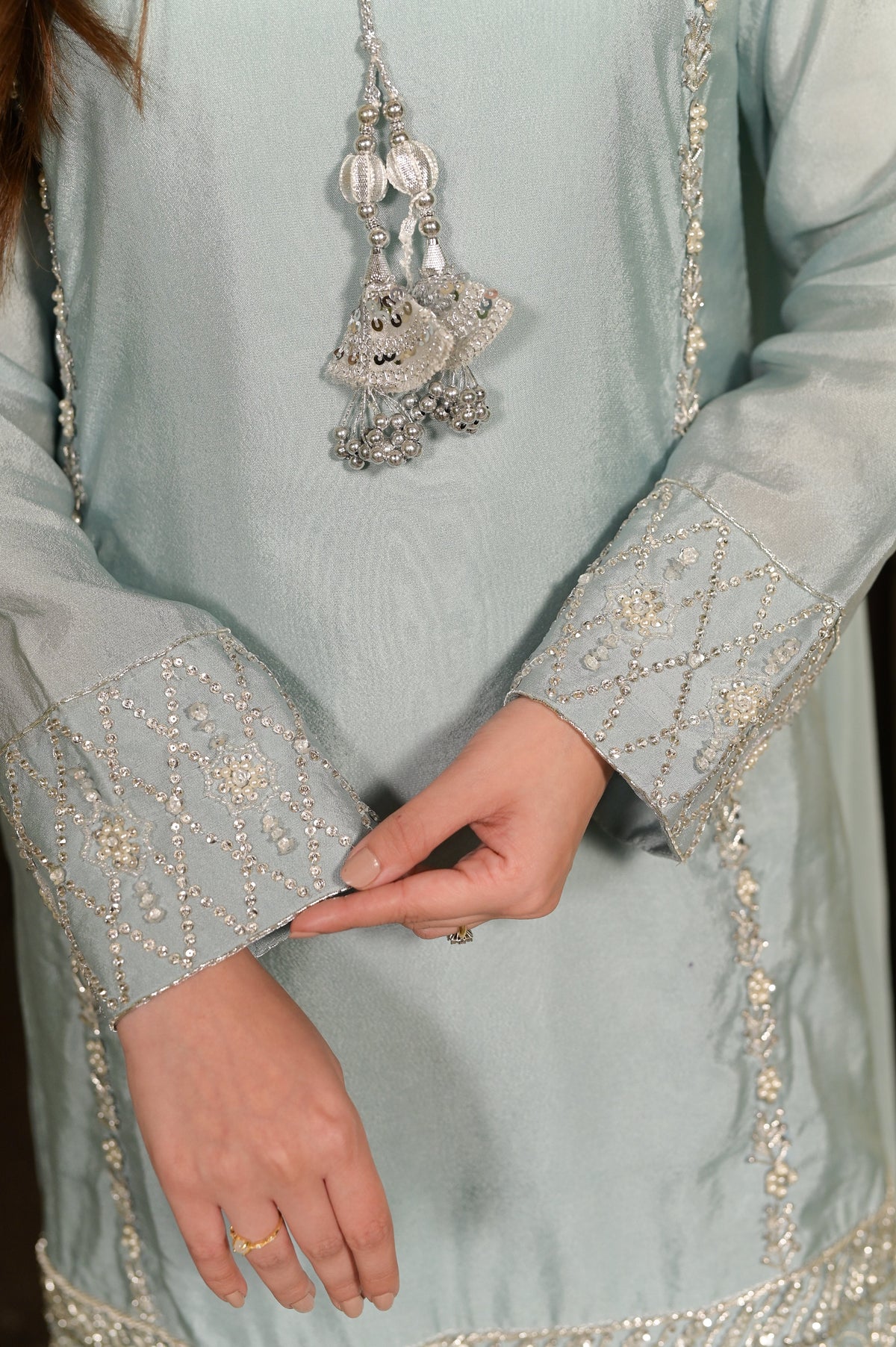 Ayra Ice Blue Sheesha Silk 4-Piece Formal Suit by Kinza Khalid, photo 2