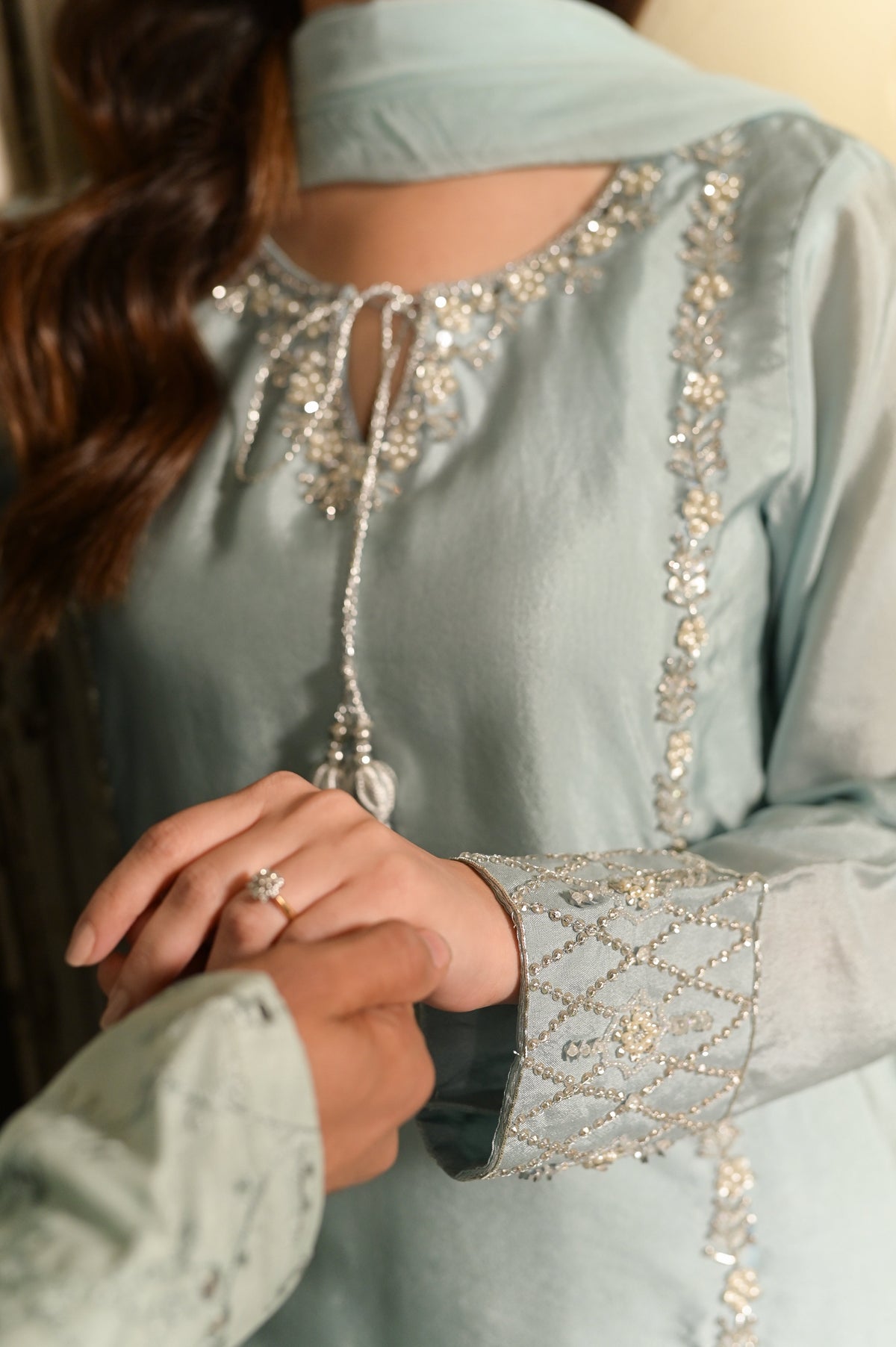 Ayra Ice Blue Sheesha Silk 4-Piece Formal Suit by Kinza Khalid, photo 4