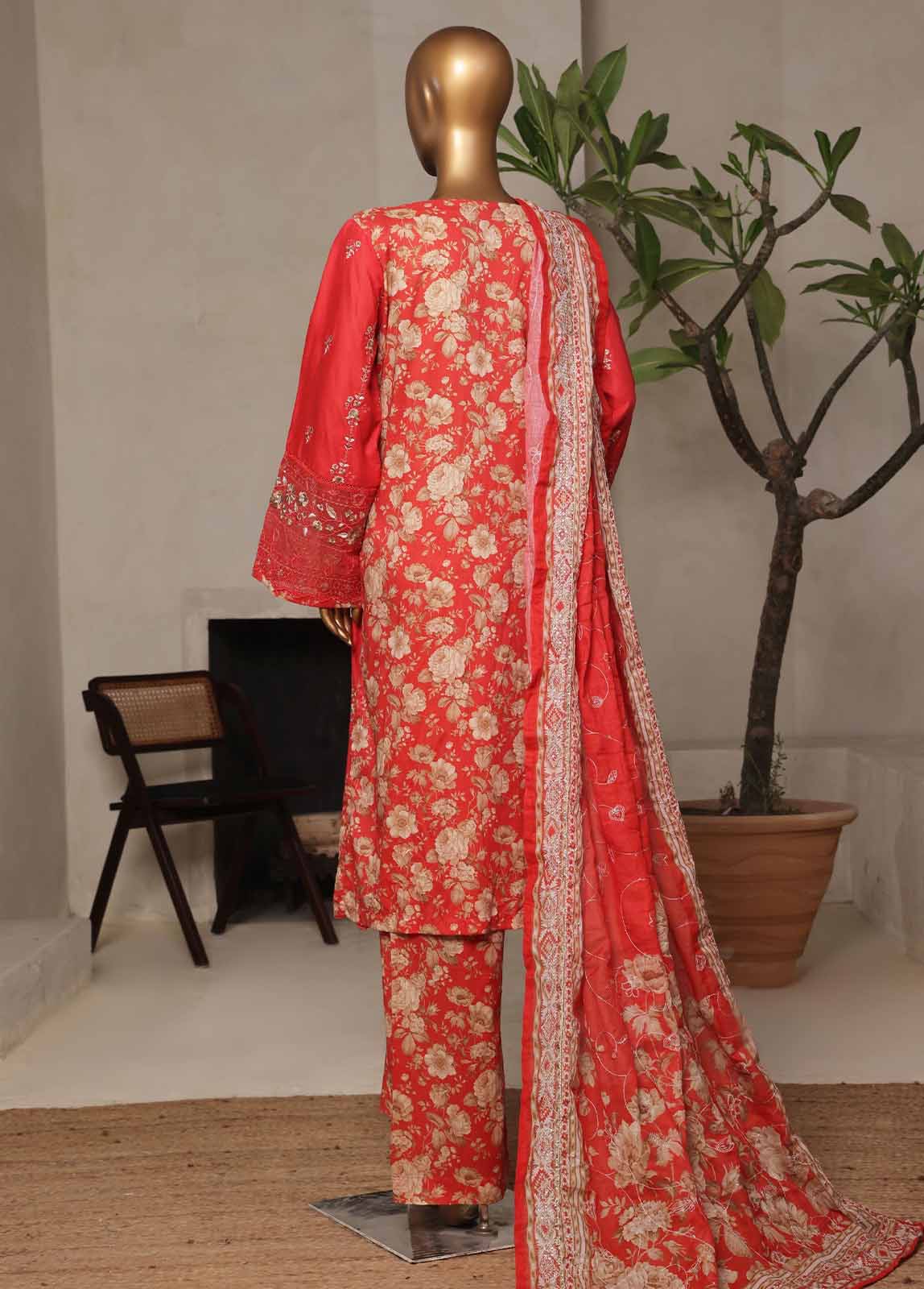 Embroidered Rose Red Lawn 3-Piece Stitched Suit by Bin Saeed, photo 3