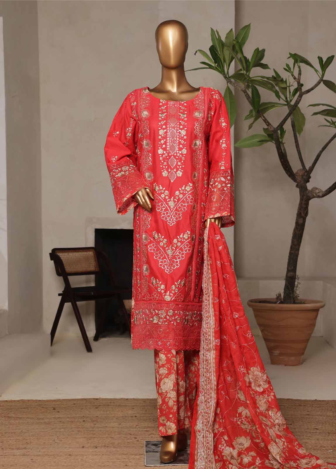 Embroidered Rose Red Lawn 3-Piece Stitched Suit by Bin Saeed, photo 2