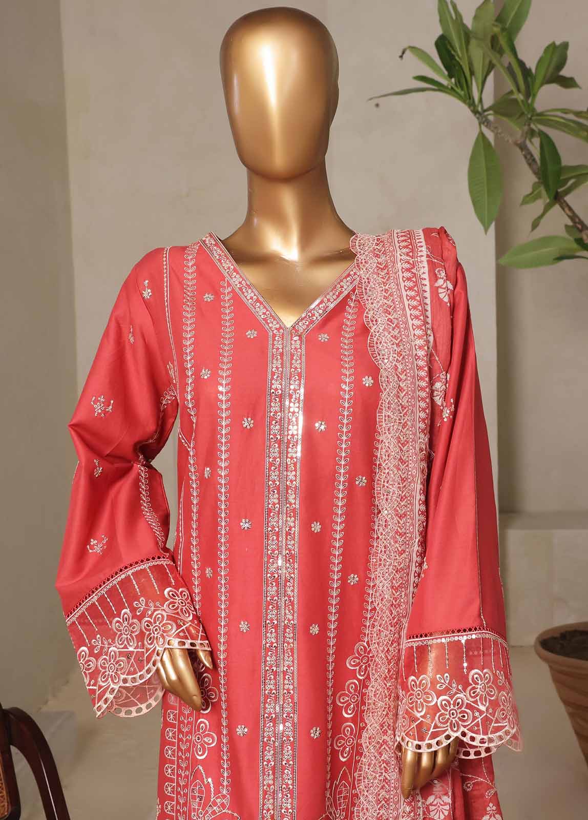 Embroidered Punch Pink Lawn 3-Piece Stitched Suit by Bin Saeed