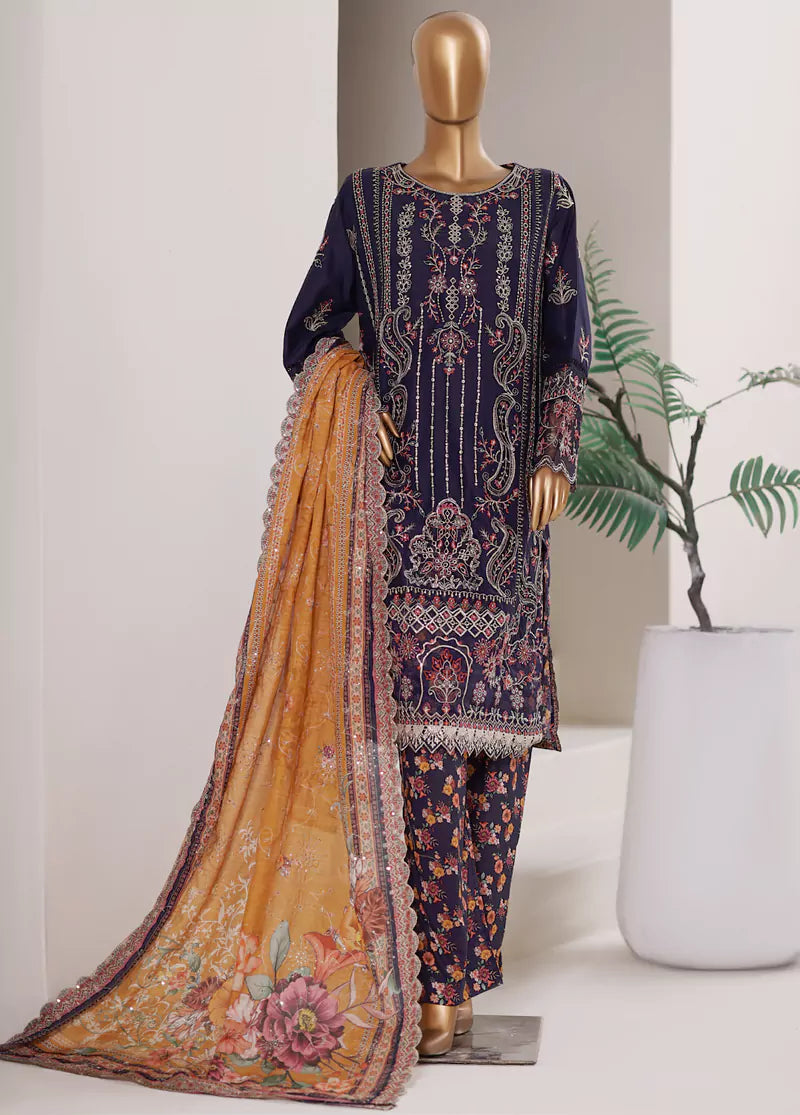 Embroidered Navy Blue Lawn 3-Piece Stitched Suit by Bin Saeed, photo 3