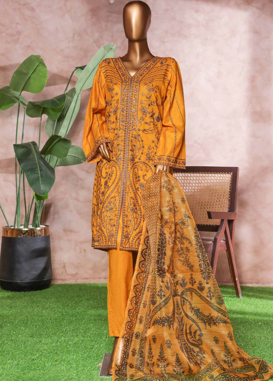 Embroidered Merigold Orange Lawn 3-Piece Stitched Suit by Bin Saeed, photo 2