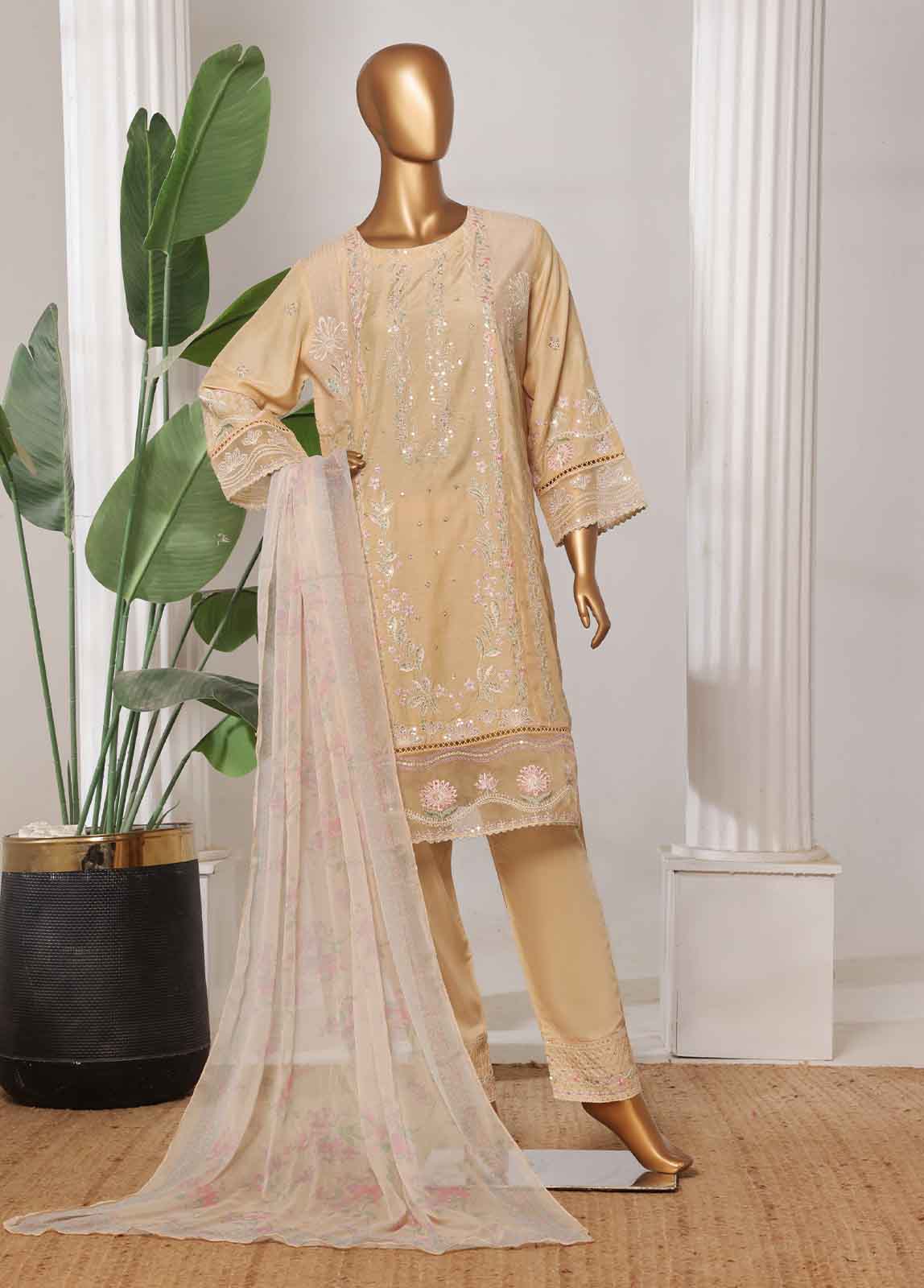 Embroidered Sand Brown Lawn 3-Piece Stitched Suit by Bin Saeed, photo 3