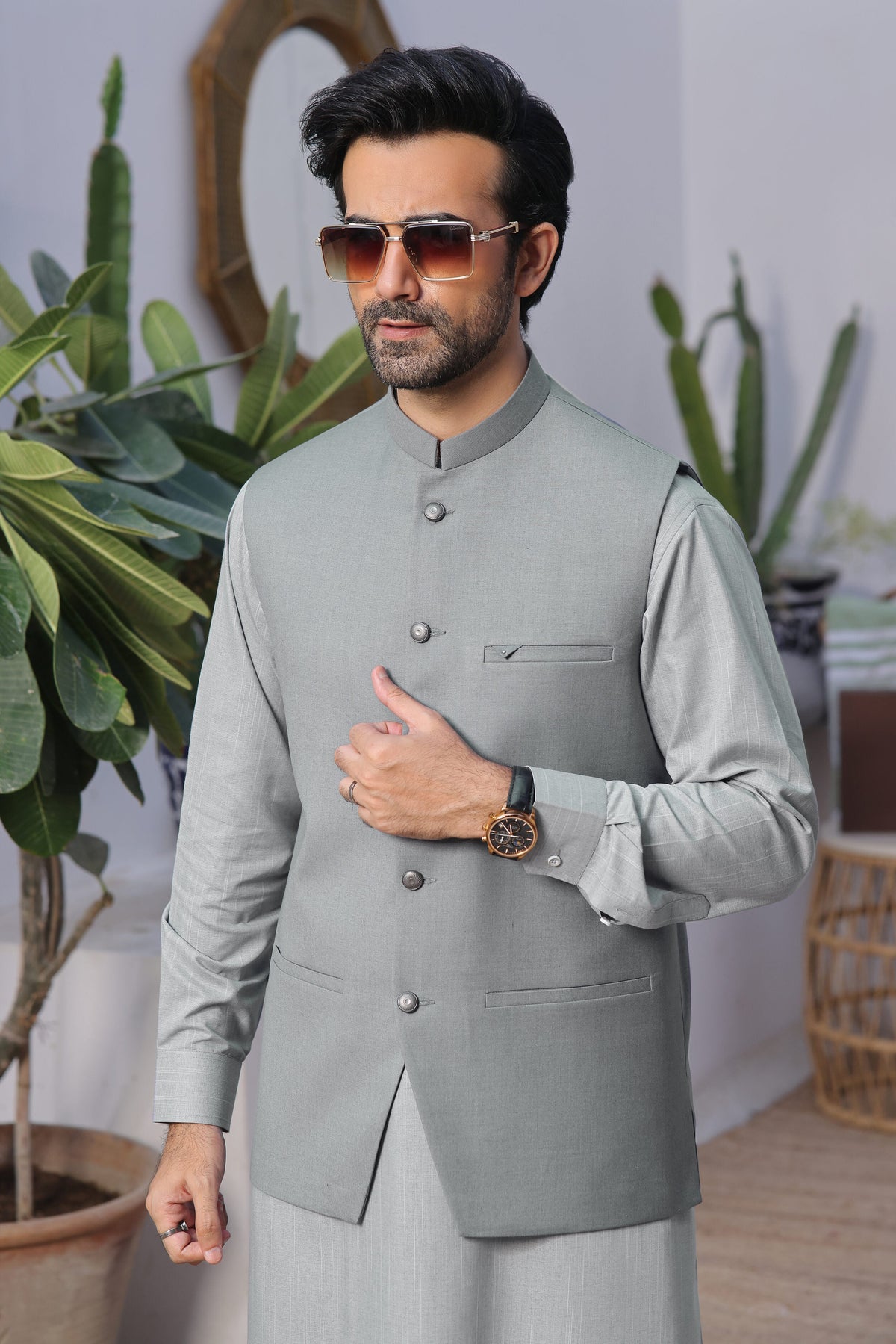 Sky Grey Naqsh Waistcoat by Al Deebaj