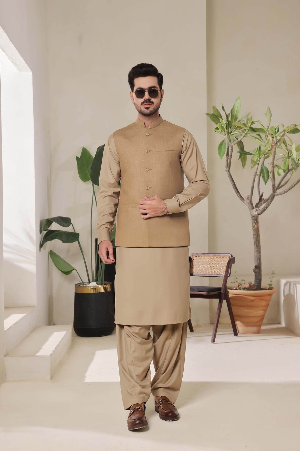 Fawn Self Waistcoat by Al Deebaj