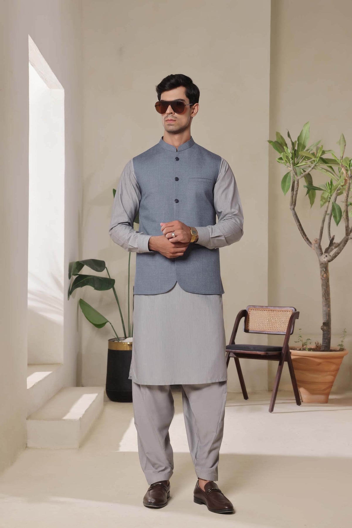 Greyish Blue Self Waistcoat by Al Deebaj, photo 3