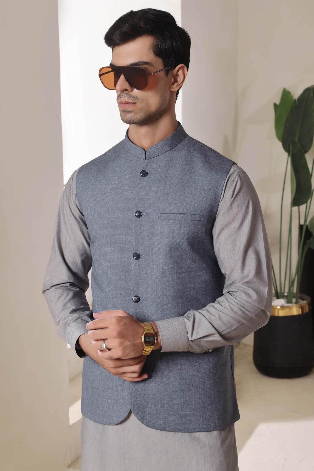 Greyish Blue Self Waistcoat by Al Deebaj