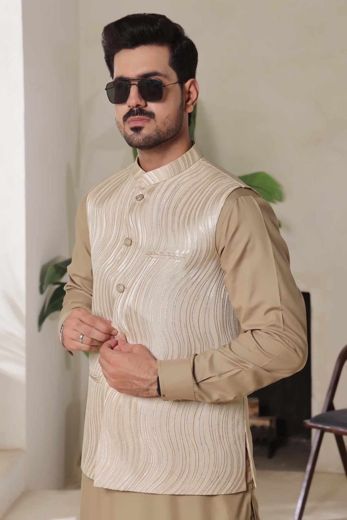 Cream Printed Waistcoat by Al Deebaj