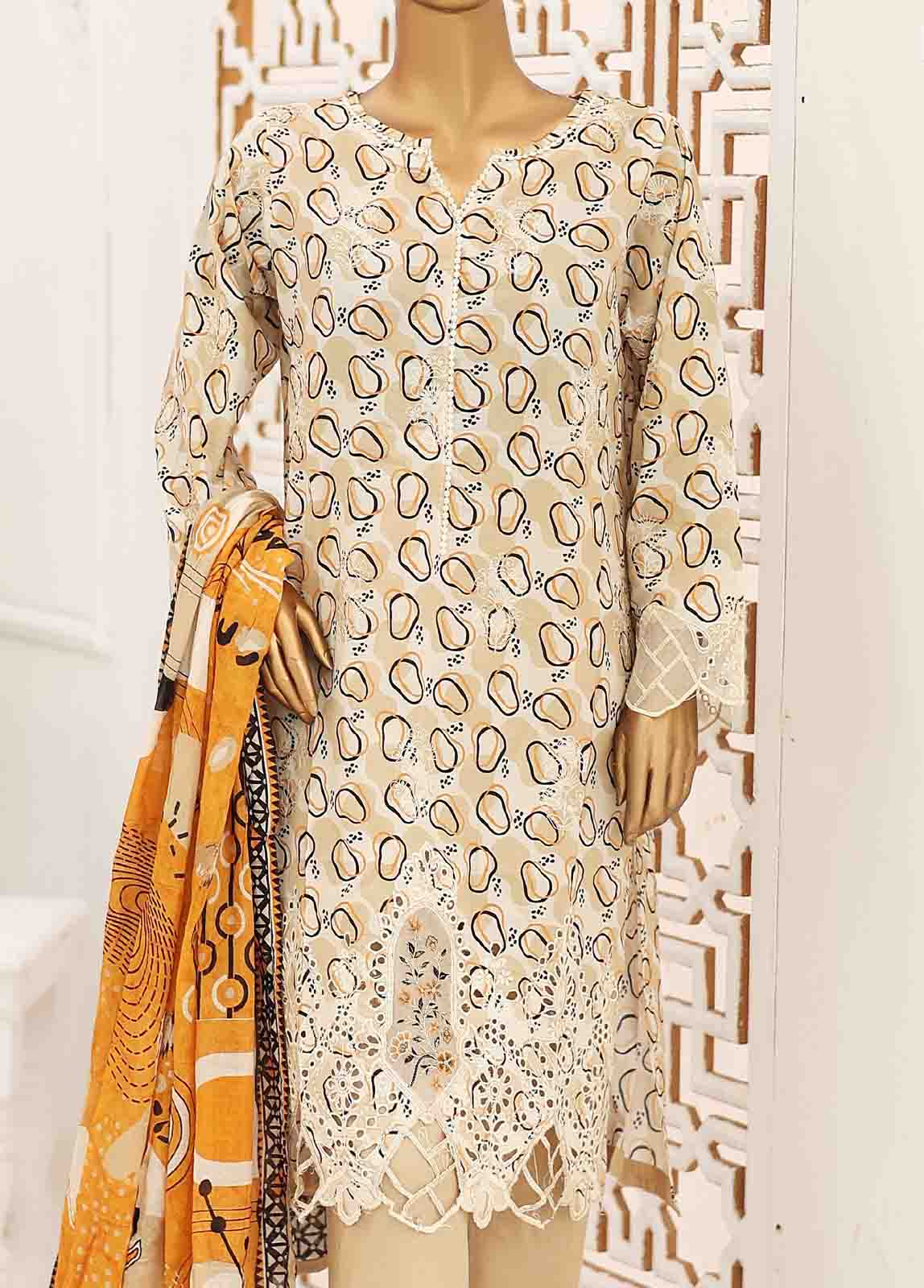 Embroidered Off White Cotton 3-Piece Stitched Suit by Bin Saeed, photo 3