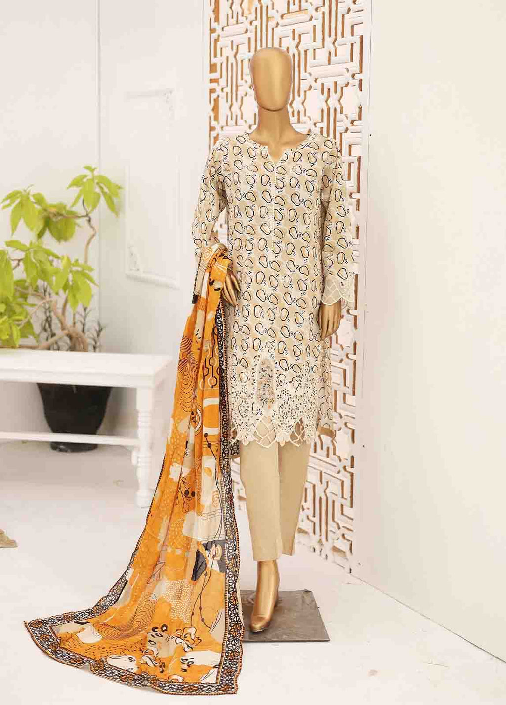 Embroidered Off White Cotton 3-Piece Stitched Suit by Bin Saeed, photo 2