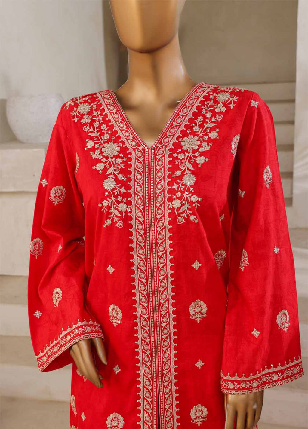 Embroidered Scarlet Red Lawn 3-Piece Stitched Suit by Bin Saeed, photo 5