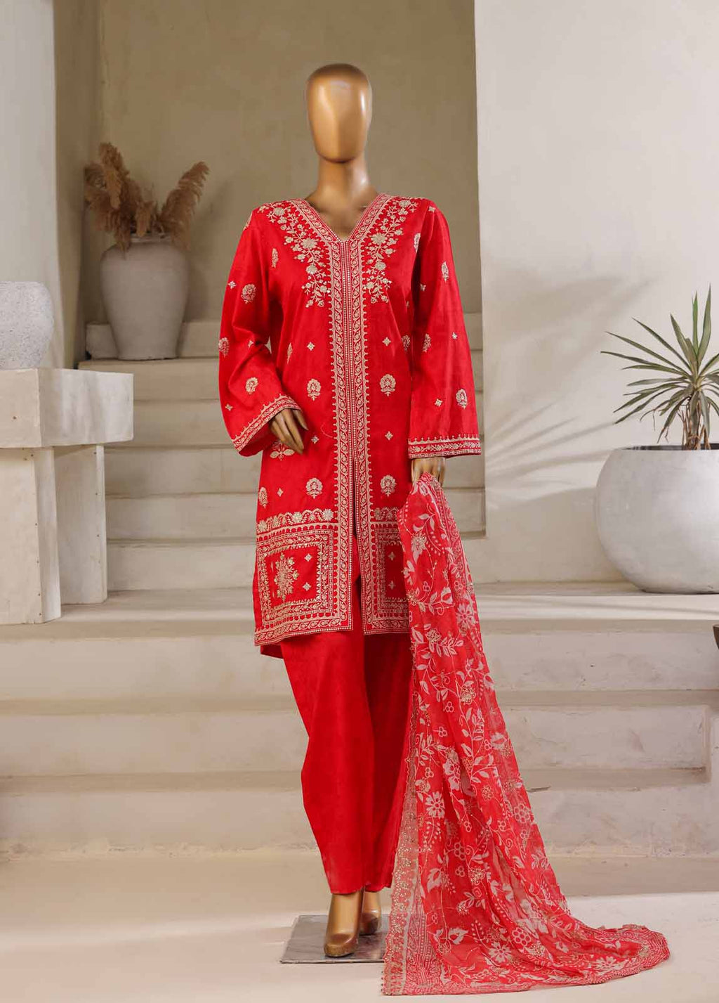Embroidered Scarlet Red Lawn 3-Piece Stitched Suit by Bin Saeed, photo 2