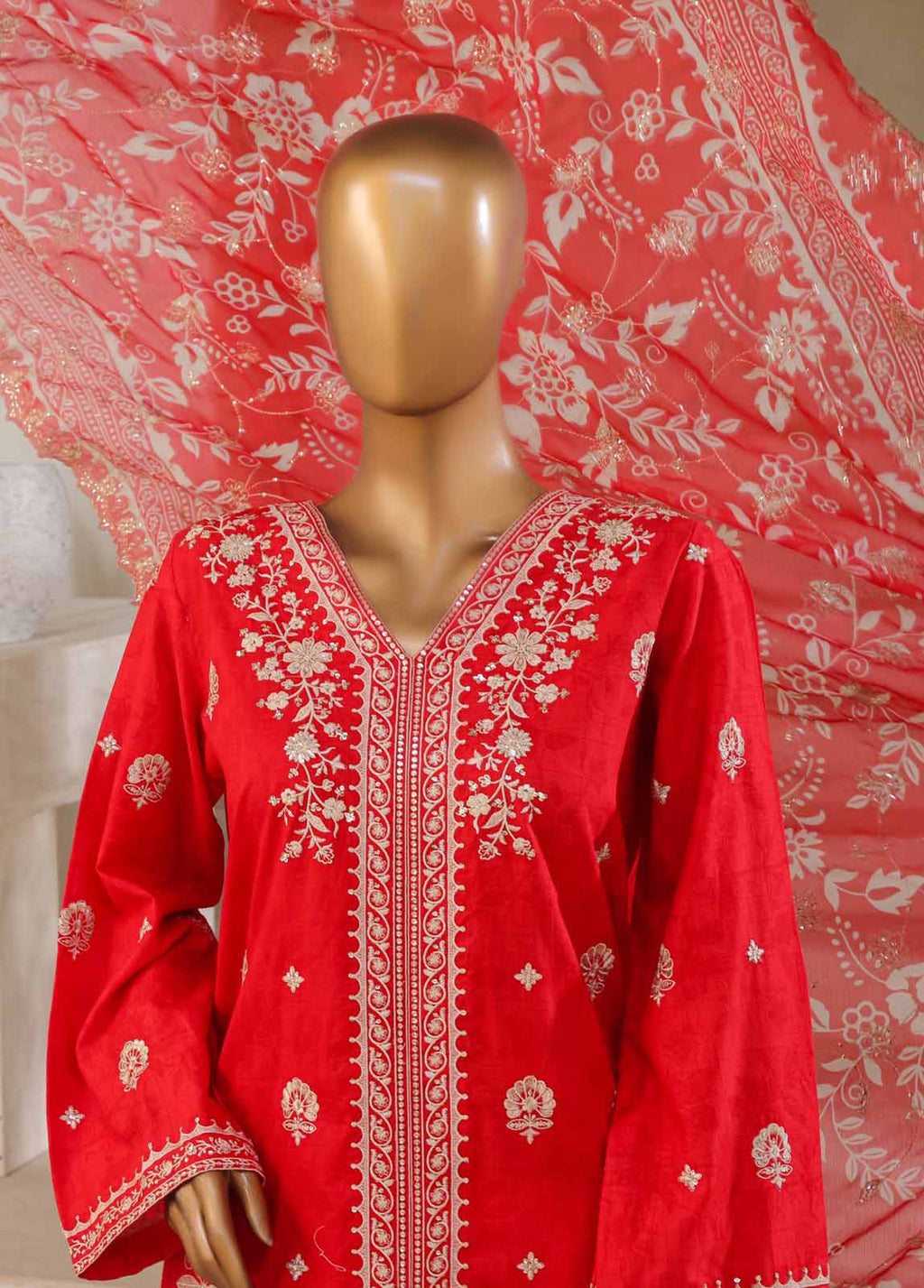 Embroidered Scarlet Red Lawn 3-Piece Stitched Suit by Bin Saeed