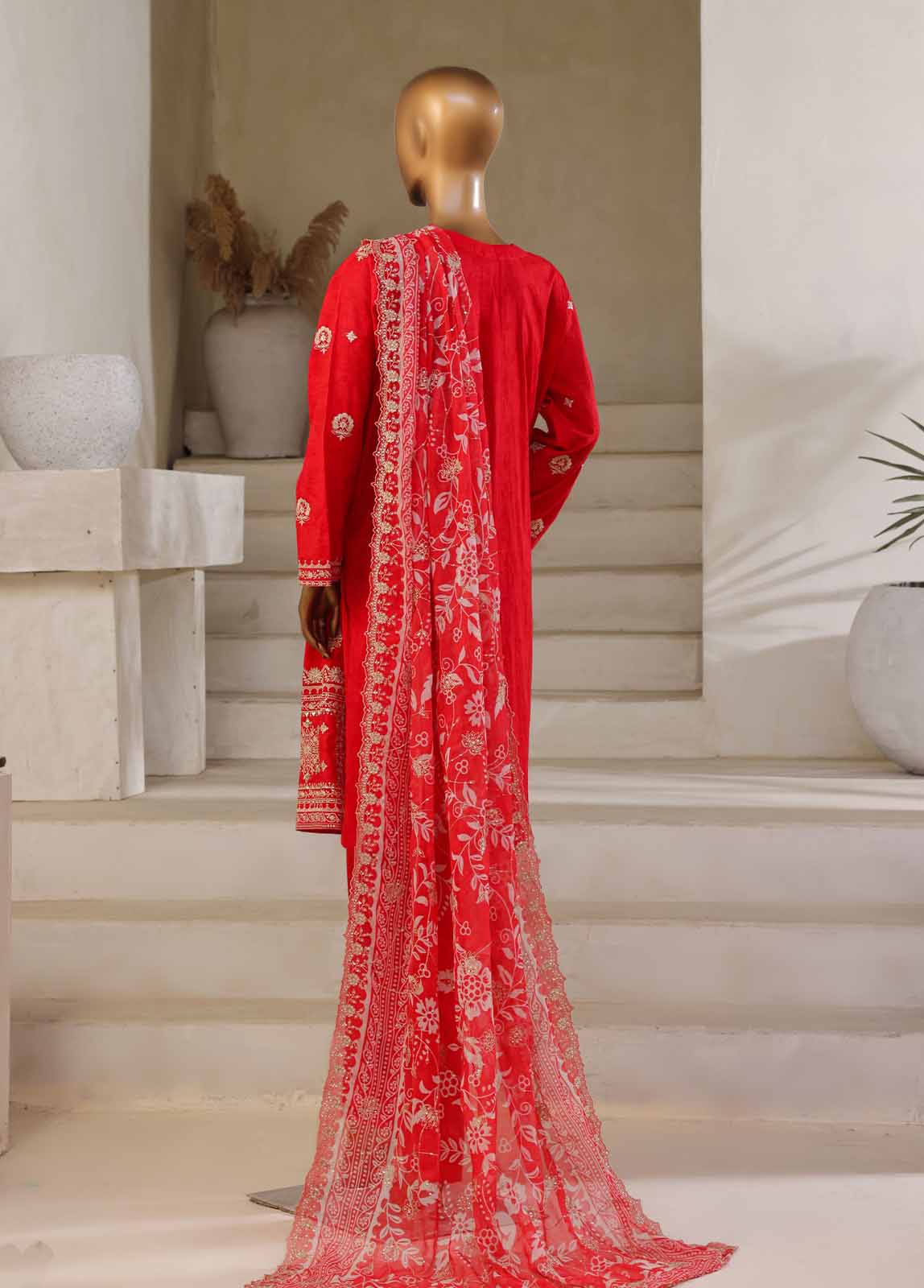Embroidered Scarlet Red Lawn 3-Piece Stitched Suit by Bin Saeed, photo 3