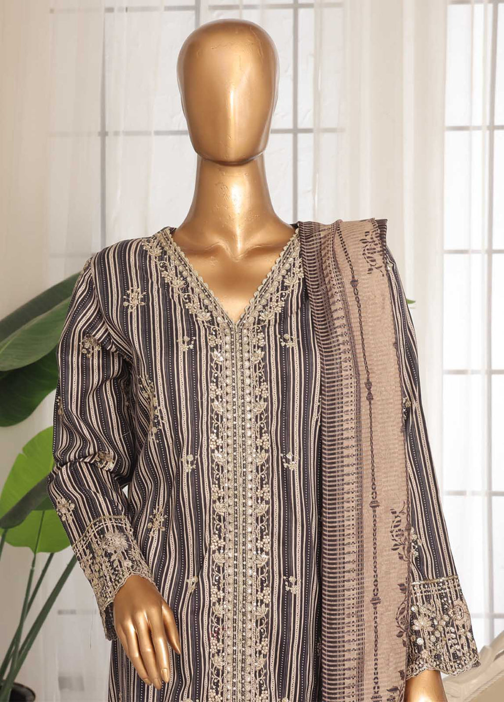 Embroidered Black & Beige Lawn 3-Piece Stitched Suit by Bin Saeed
