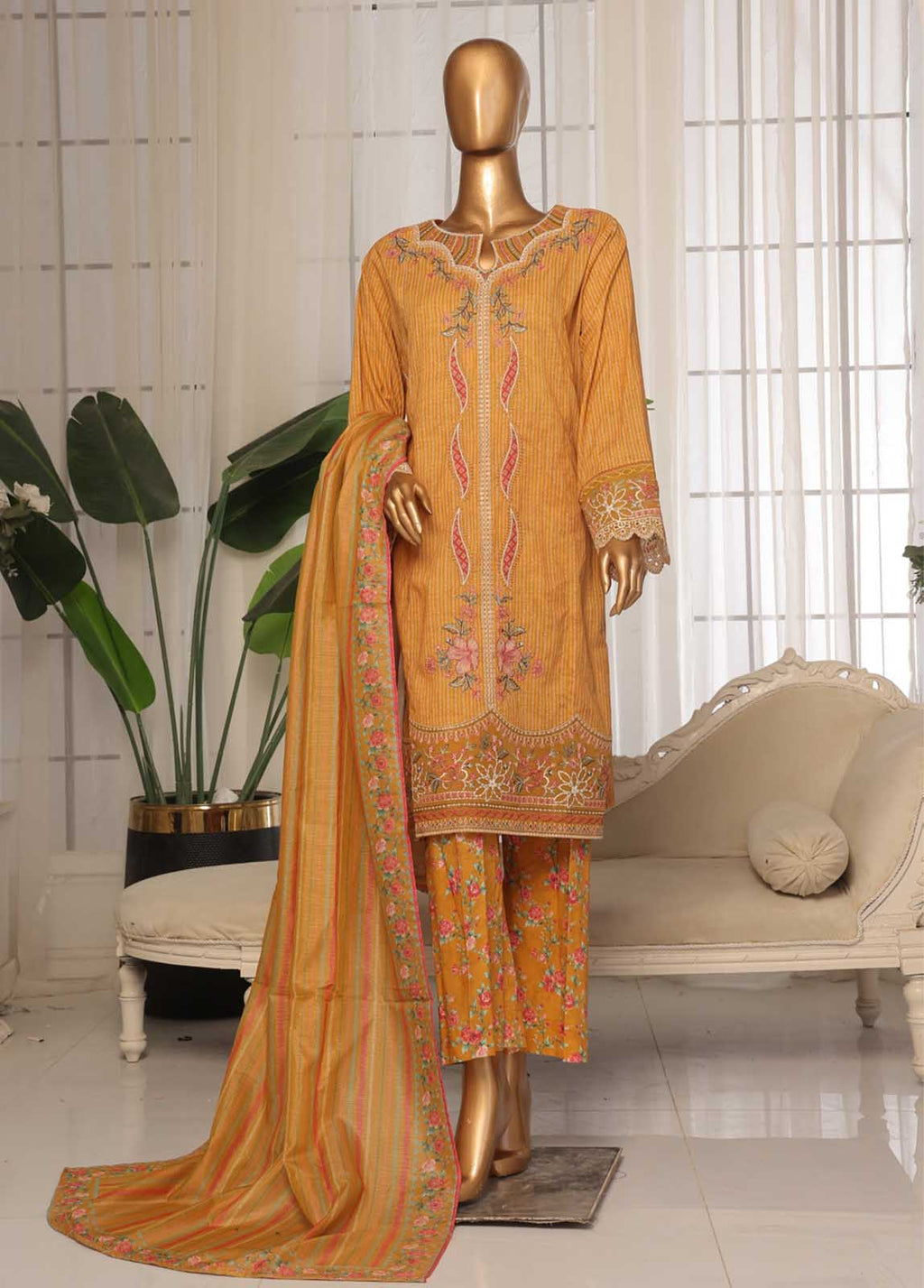 Embroidered Mustard Lawn 3-Piece Stitched Suit by Bin Saeed, photo 4