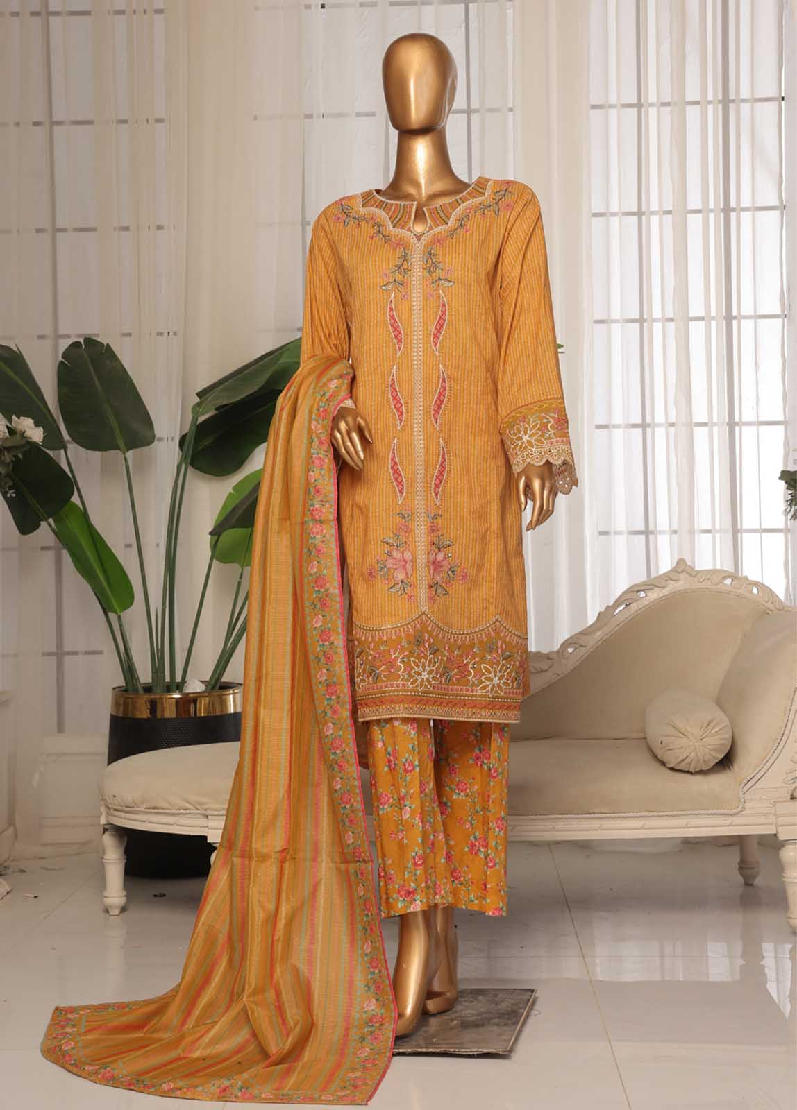 Embroidered Mustard Lawn 3-Piece Stitched Suit by Bin Saeed, photo 4