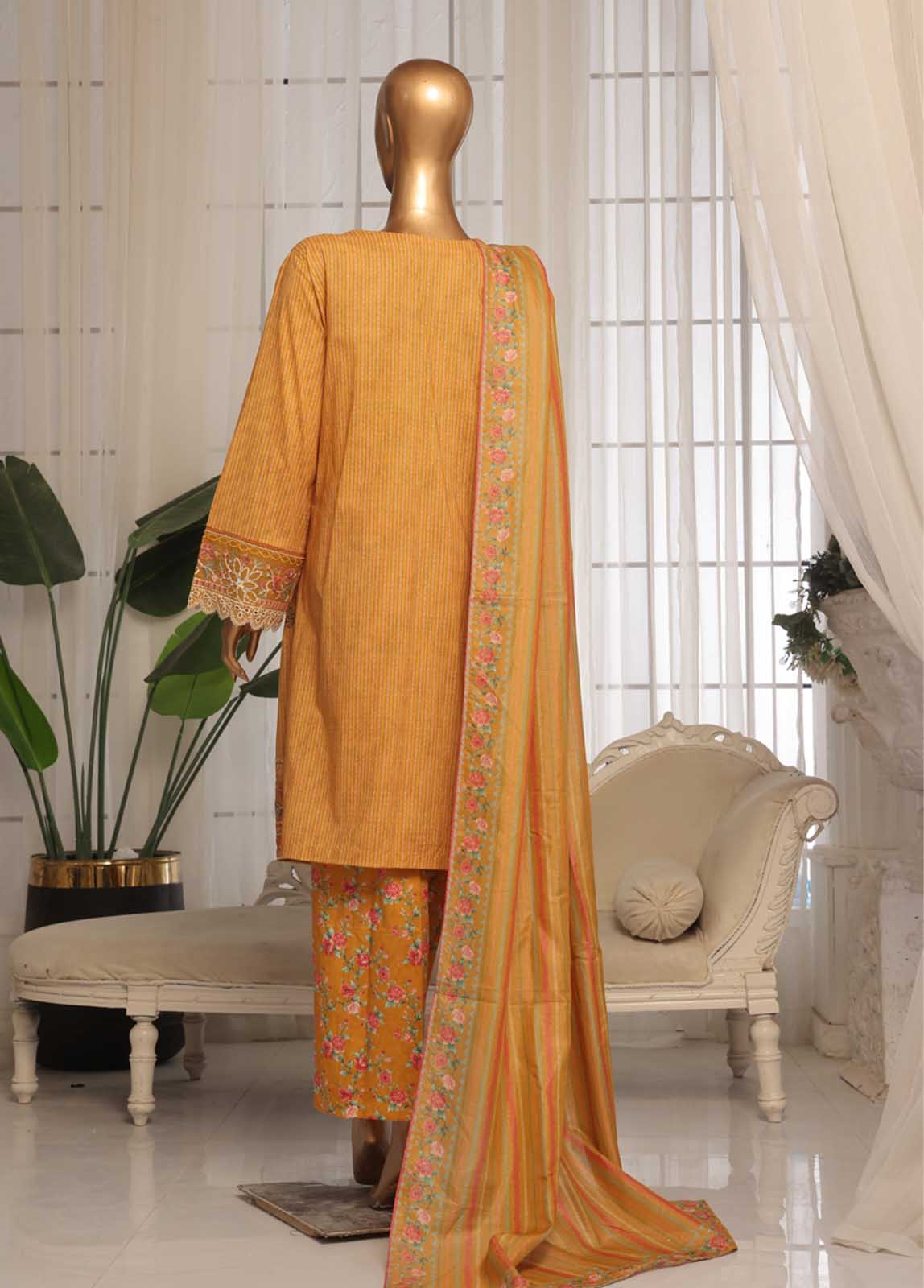 Embroidered Mustard Lawn 3-Piece Stitched Suit by Bin Saeed, photo 5
