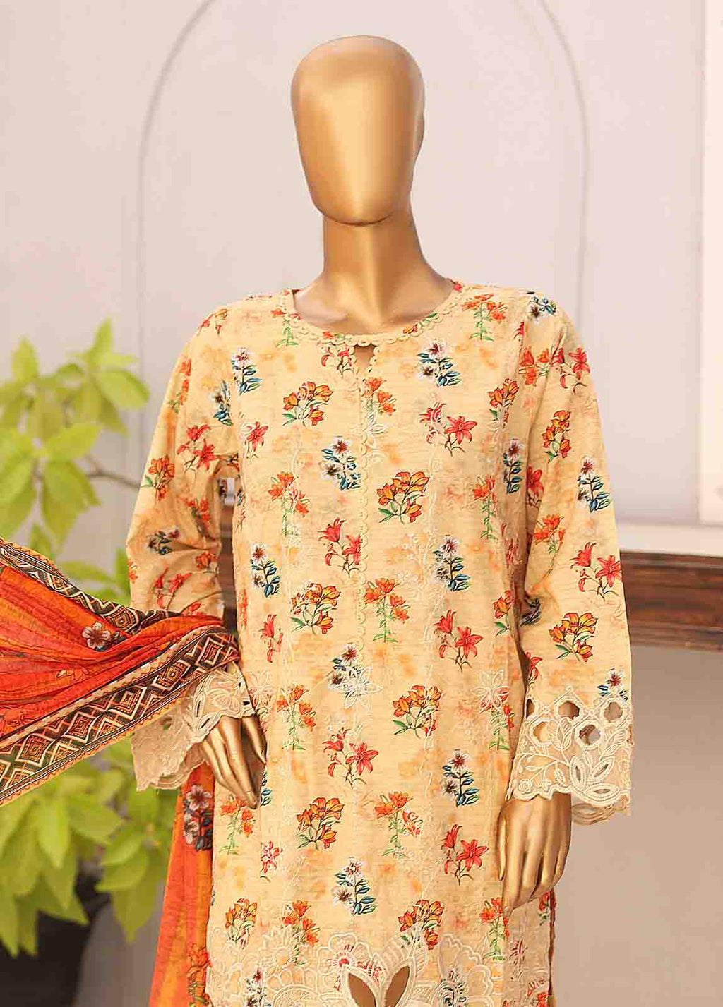 Cotton Kari Peach Cotton 3-Piece Stitched Suit by Bin Saeed