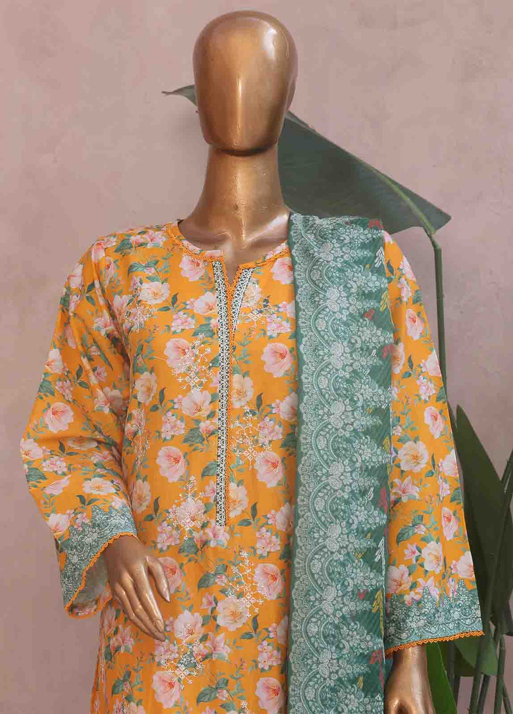 Chikankari Merigold Orange Lawn 3-Piece Stitched Suit by Bin Saeed