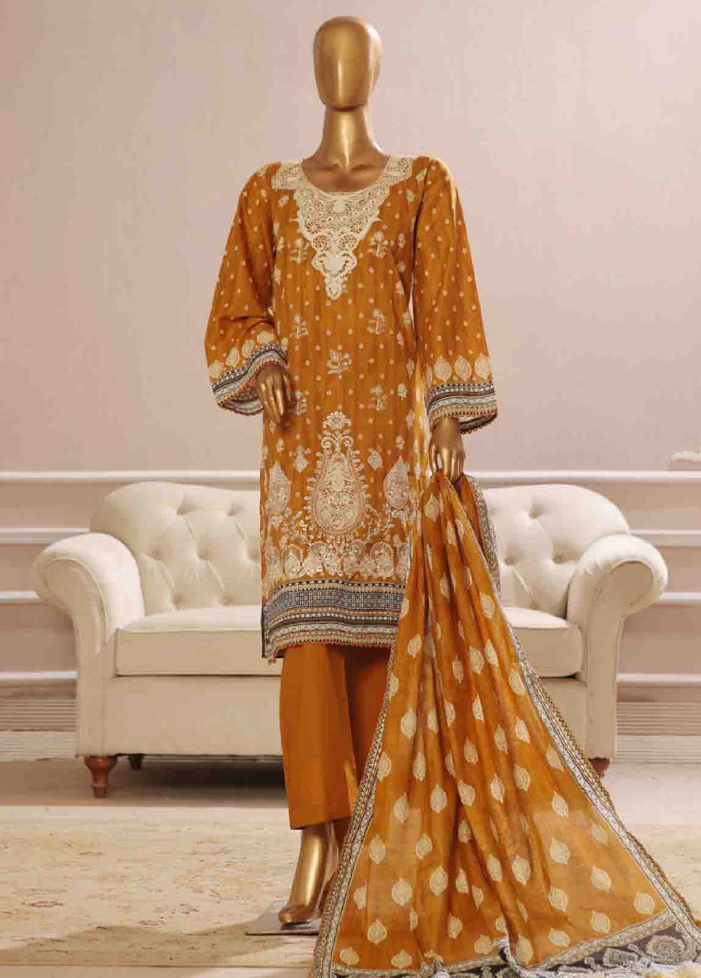 Embroidered Mustard Lawn 3-Piece Stitched Suit by Bin Saeed, photo 2