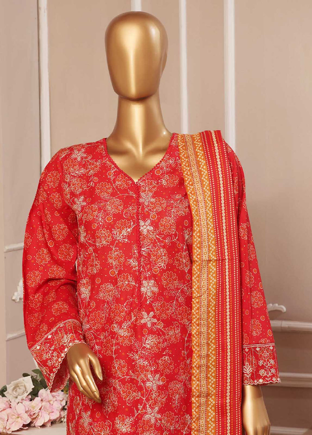Embroidered Candy Red Lawn 3-Piece Stitched Suit by Bin Saeed