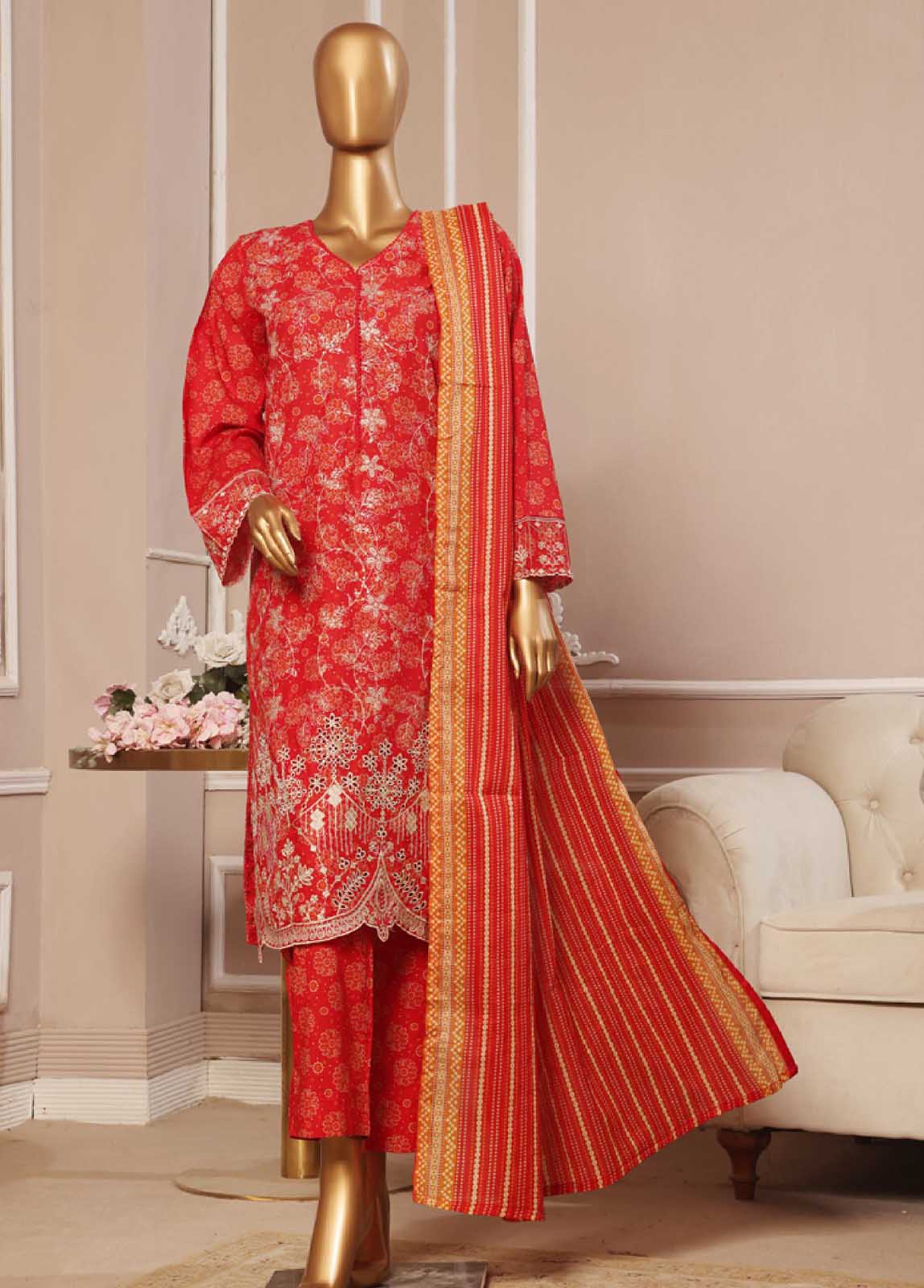 Embroidered Candy Red Lawn 3-Piece Stitched Suit by Bin Saeed, photo 3