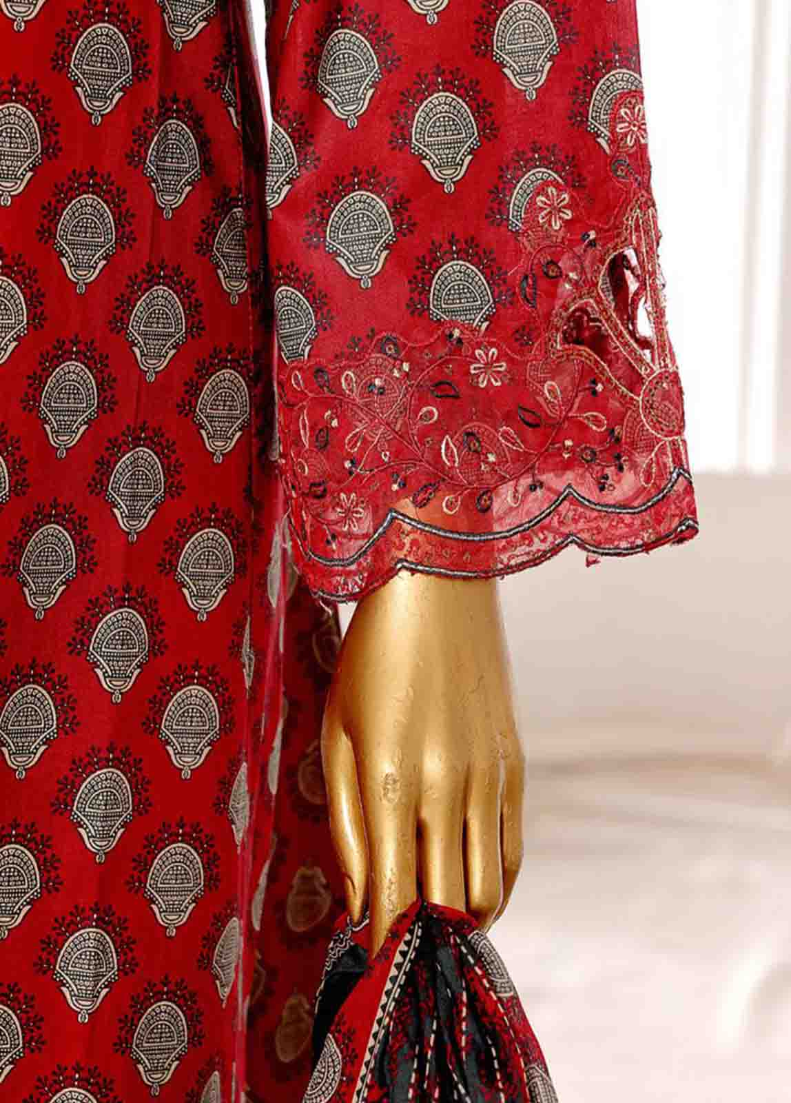 Embroidered Red Lawn 3-Piece Stitched Frock Suit by Bin Saeed, photo 4
