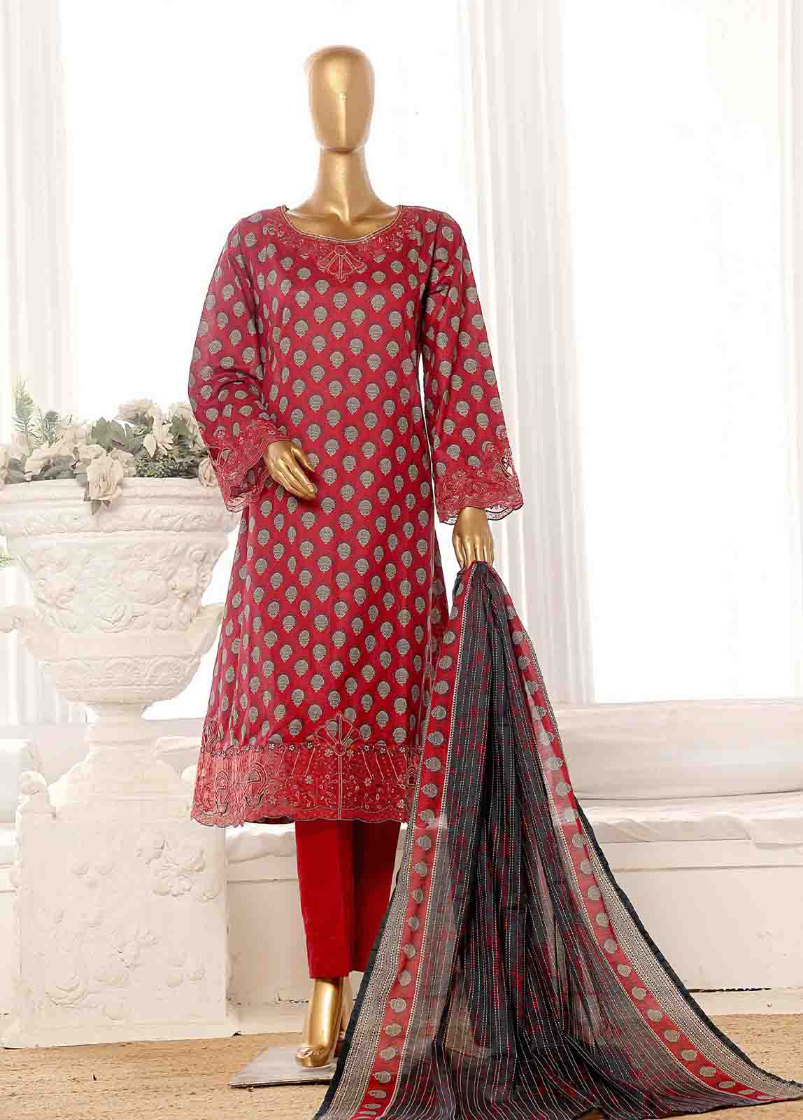 Embroidered Red Lawn 3-Piece Stitched Frock Suit by Bin Saeed, photo 5
