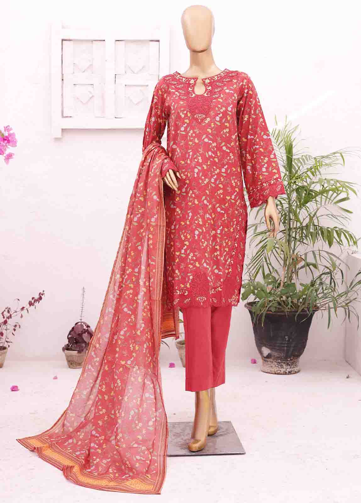 Cutwork Kari Red Lawn 3-Piece Stitched Suit by Bin Saeed, photo 3