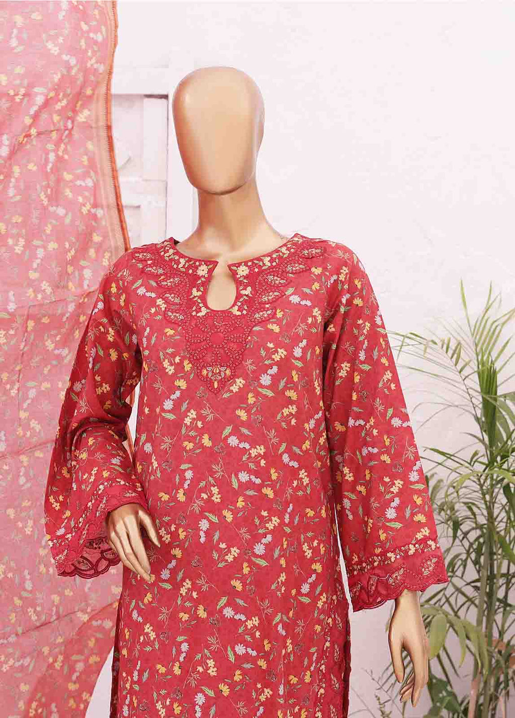 Cutwork Kari Red Lawn 3-Piece Stitched Suit by Bin Saeed