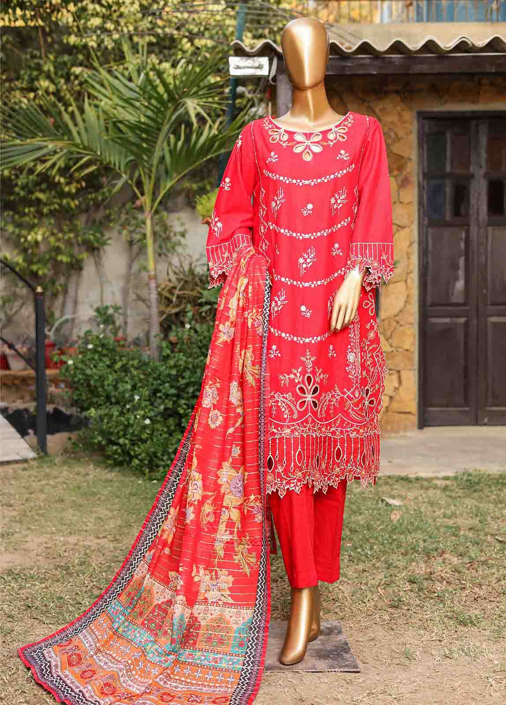 Embroidered Bright Red Lawn 3-Piece Stitched Suit by Bin Saeed, photo 4