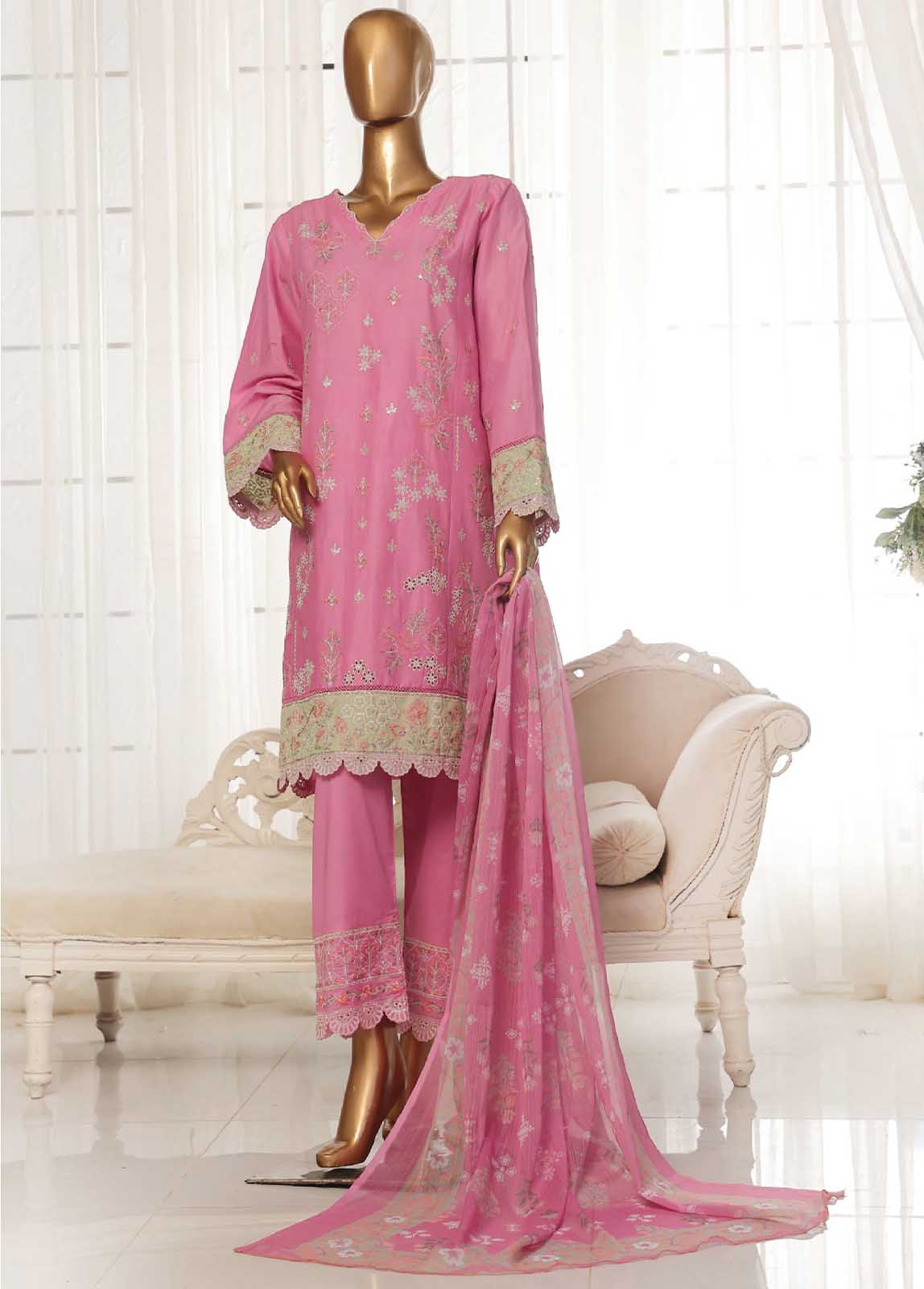 Embroidered Flamingo Pink Cotton 3-Piece Stitched Suit by Bin Saeed, photo 4