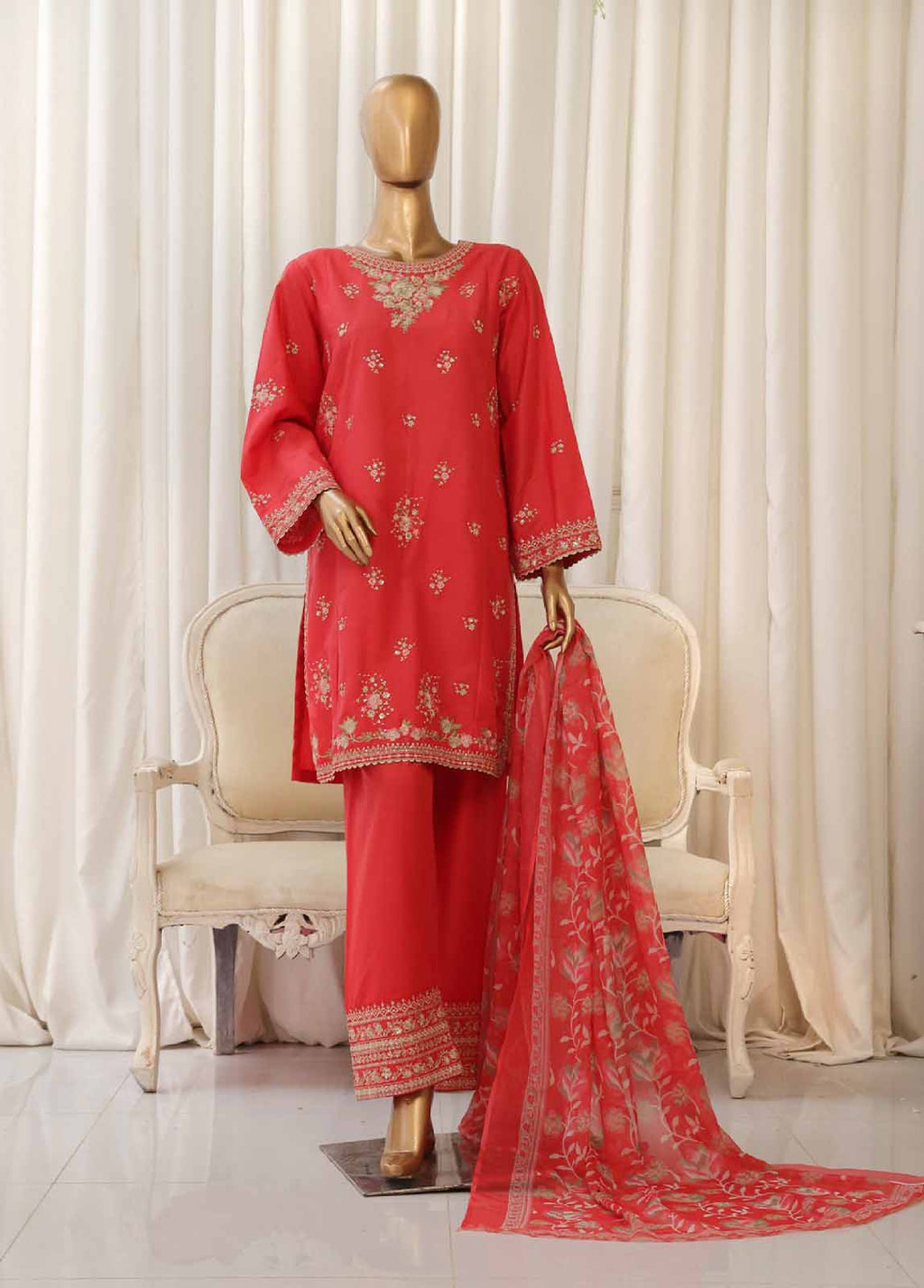 Embroidered Red Cotton 3-Piece Stitched Suit by Bin Saeed, photo 2