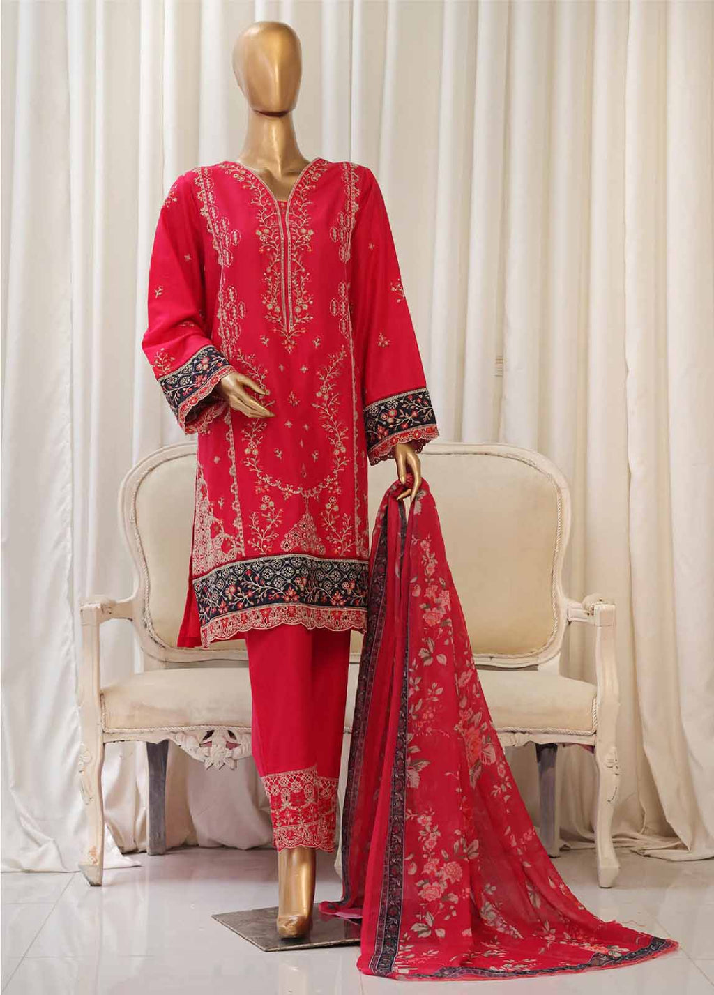 Embroidered Shocking Pink Cotton 3-Piece Stitched Suit by Bin Saeed, photo 4