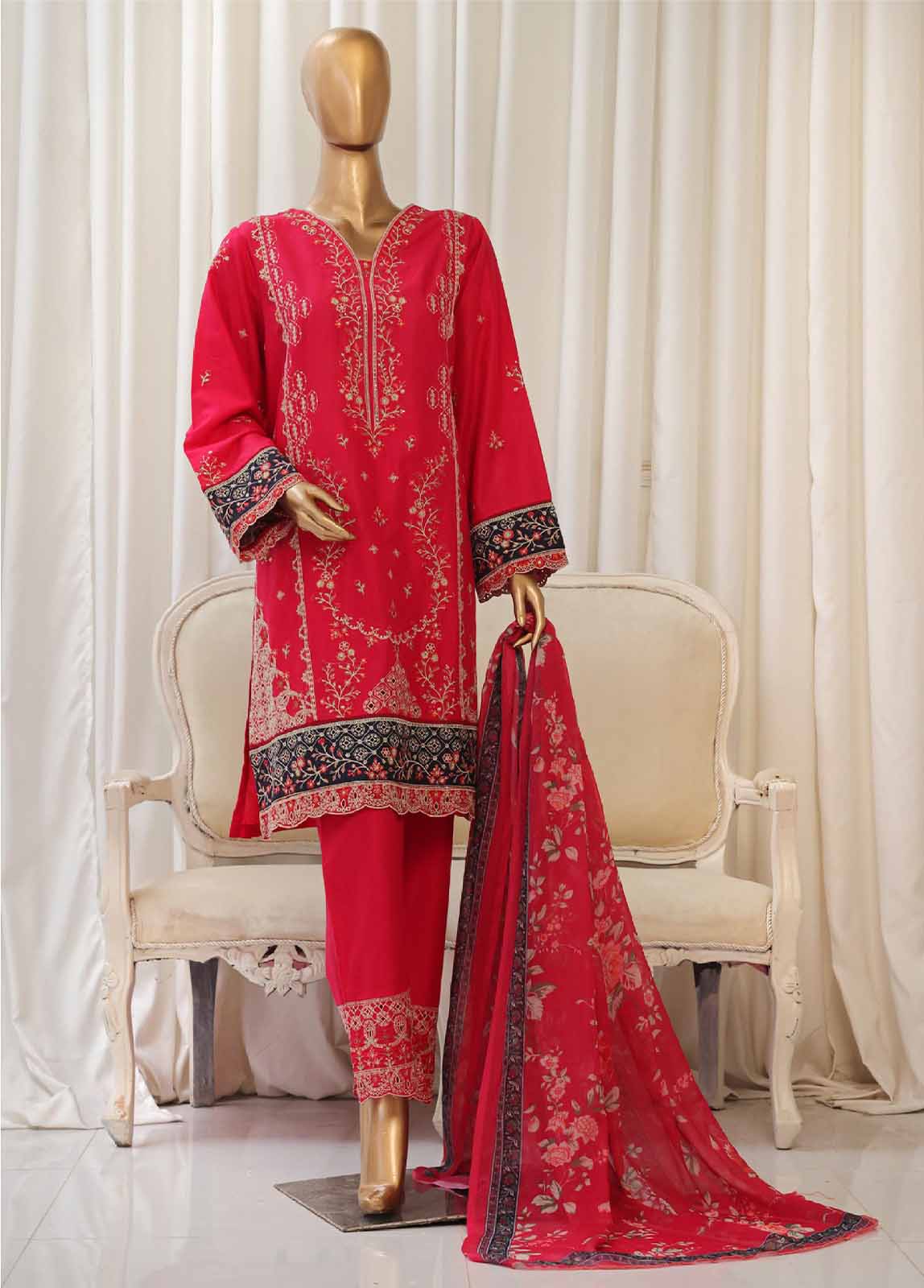 Embroidered Shocking Pink Cotton 3-Piece Stitched Suit by Bin Saeed, photo 4