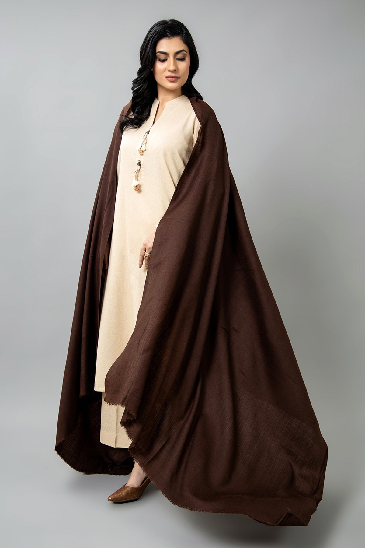Brown Semi Pashmina Shawl by The Fabric Store