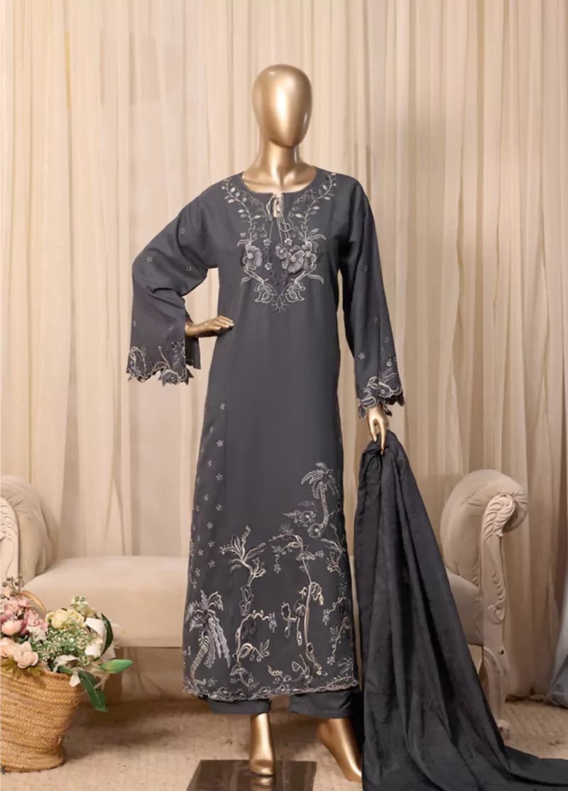 Printed Charcoal Grey Viscose 3-Piece Stitched Suit by Bin Saeed