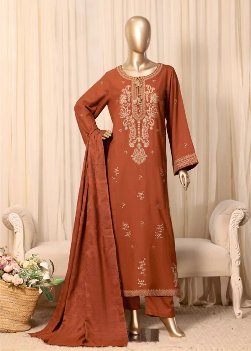 Printed Rust Viscose 3-Piece Stitched Suit by Bin Saeed