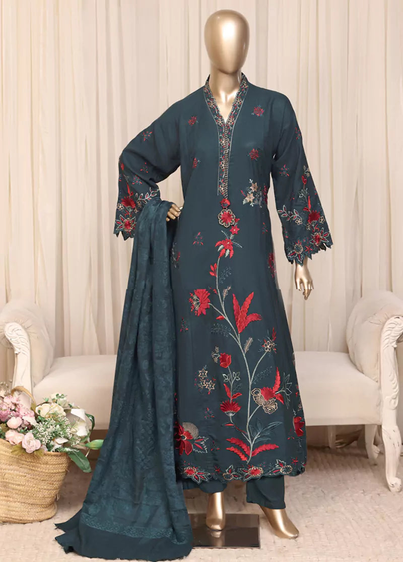 Printed Peacock Green Viscose 3-Piece Stitched Suit by Bin Saeed