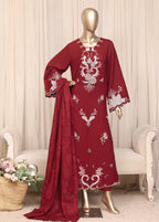 Printed Deep Red Viscose 3-Piece Stitched Suit by Bin Saeed