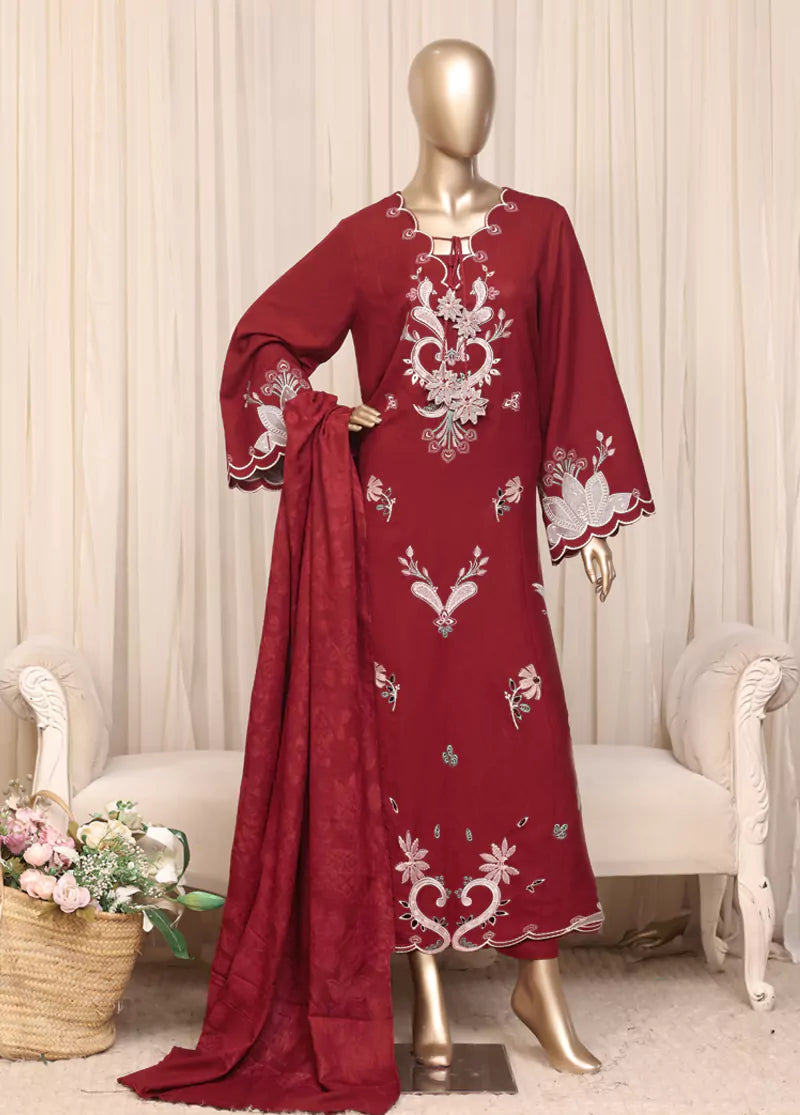 Printed Deep Red Viscose 3-Piece Stitched Suit by Bin Saeed