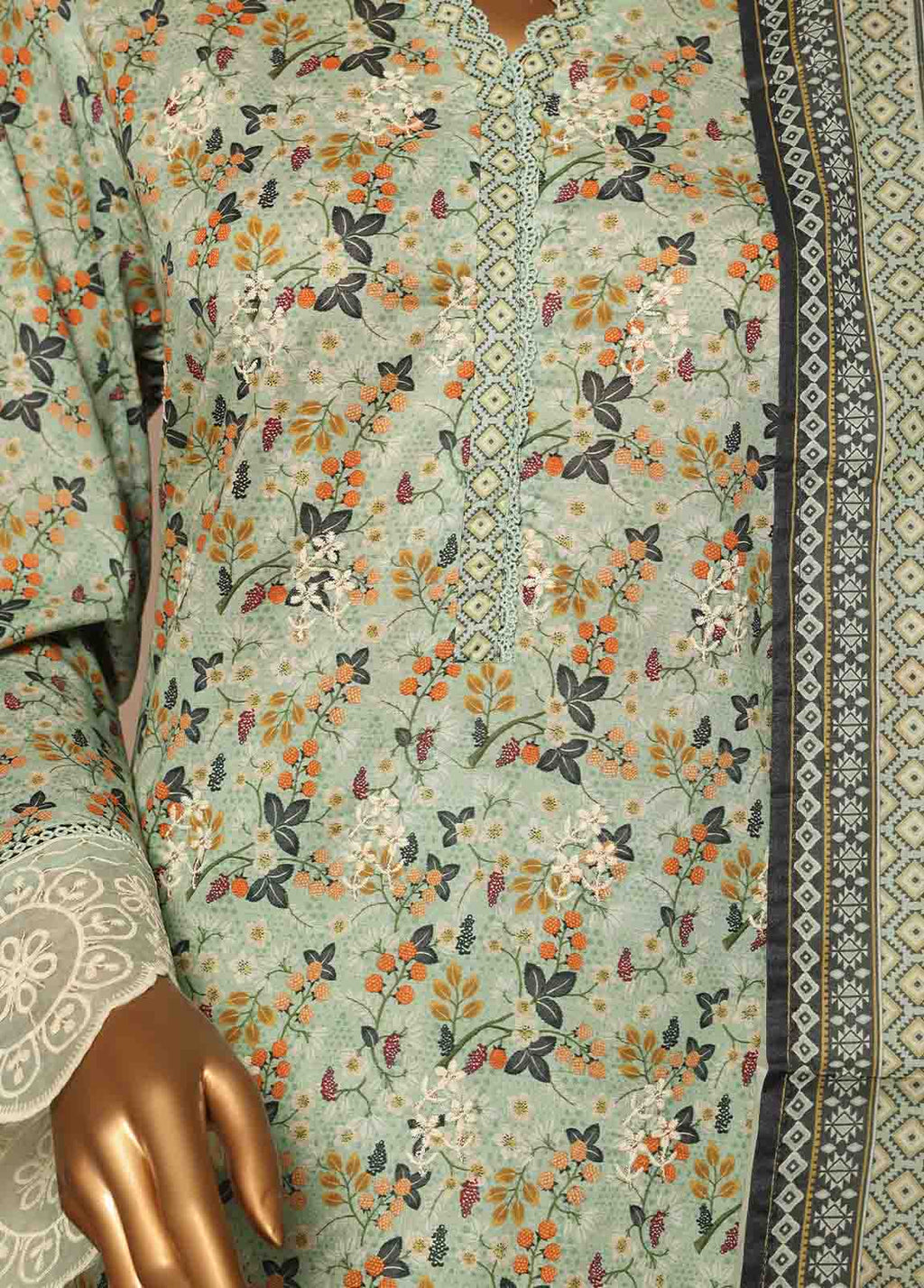 Embroidered Mint Green Lawn 3-Piece Stitched Suit by Bin Saeed, photo 3