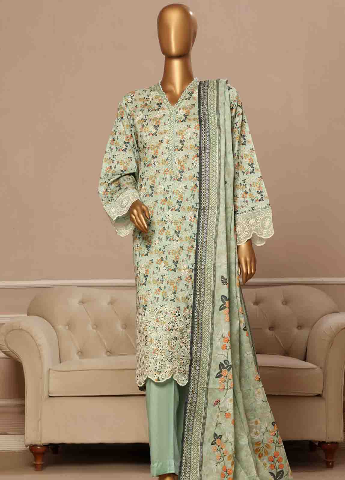 Embroidered Mint Green Lawn 3-Piece Stitched Suit by Bin Saeed