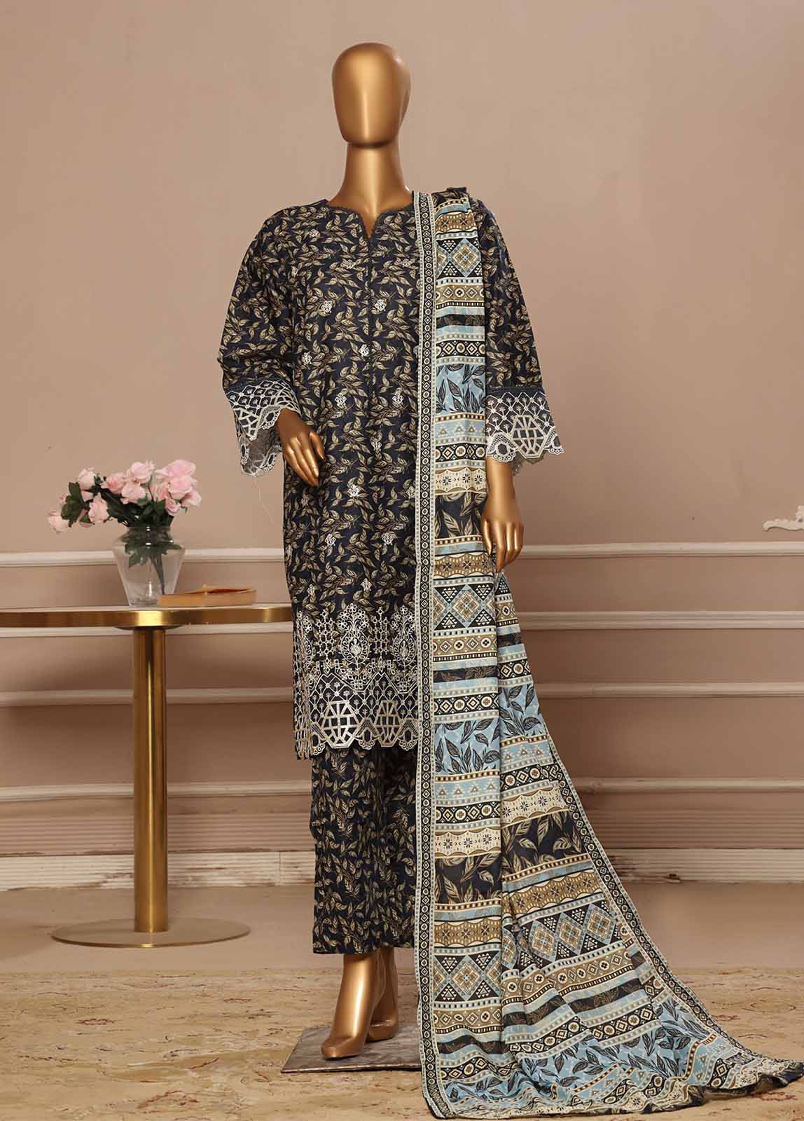 Chikankari Navy Blue Lawn 3-Piece Stitched Suit by Bin Saeed, photo 6
