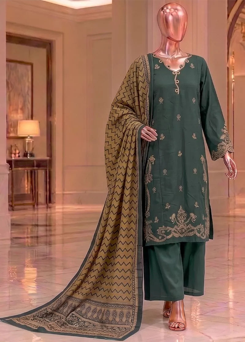 Embroidered Bottle Green Khaddar 3-Piece Stitched Suit by Bin Saeed