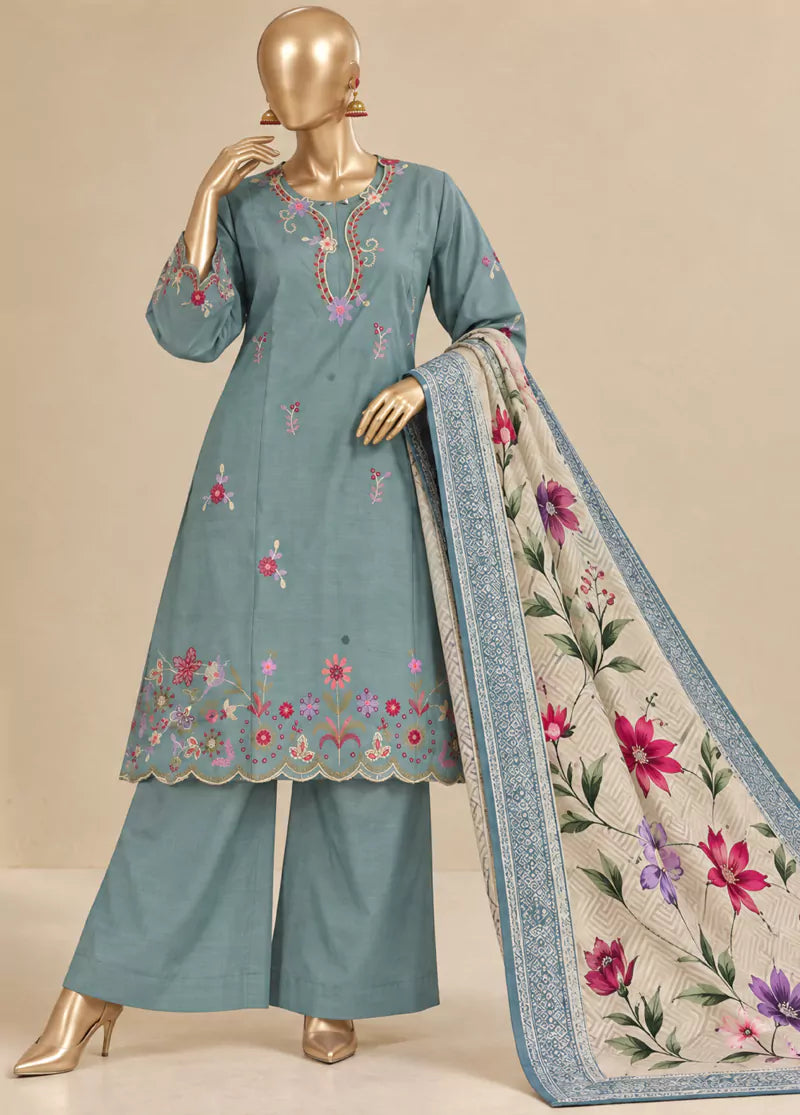 Embroidered Pastel Blue Khaddar 3-Piece Stitched Suit by Bin Saeed