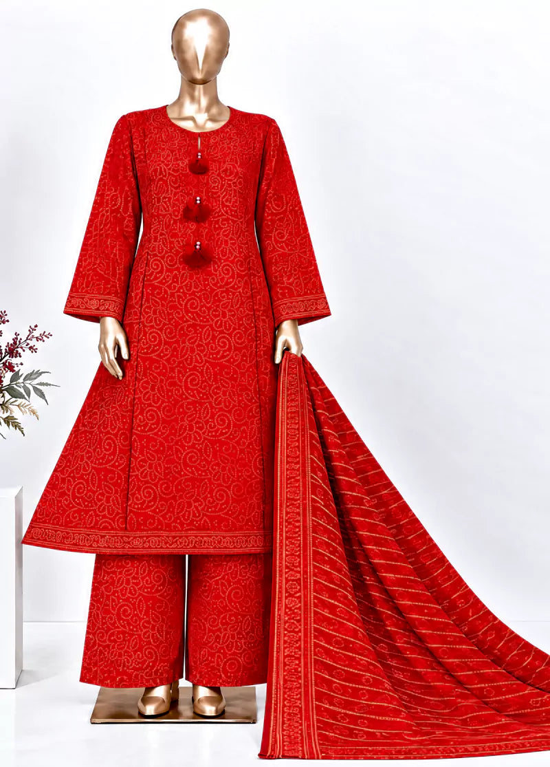 Printed Red Khaddar 3-Piece Stitched Frock Suit by Bin Saeed